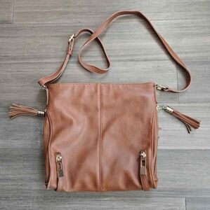 MMS Brown Leather Crossbody Bag Purse Gold Accents